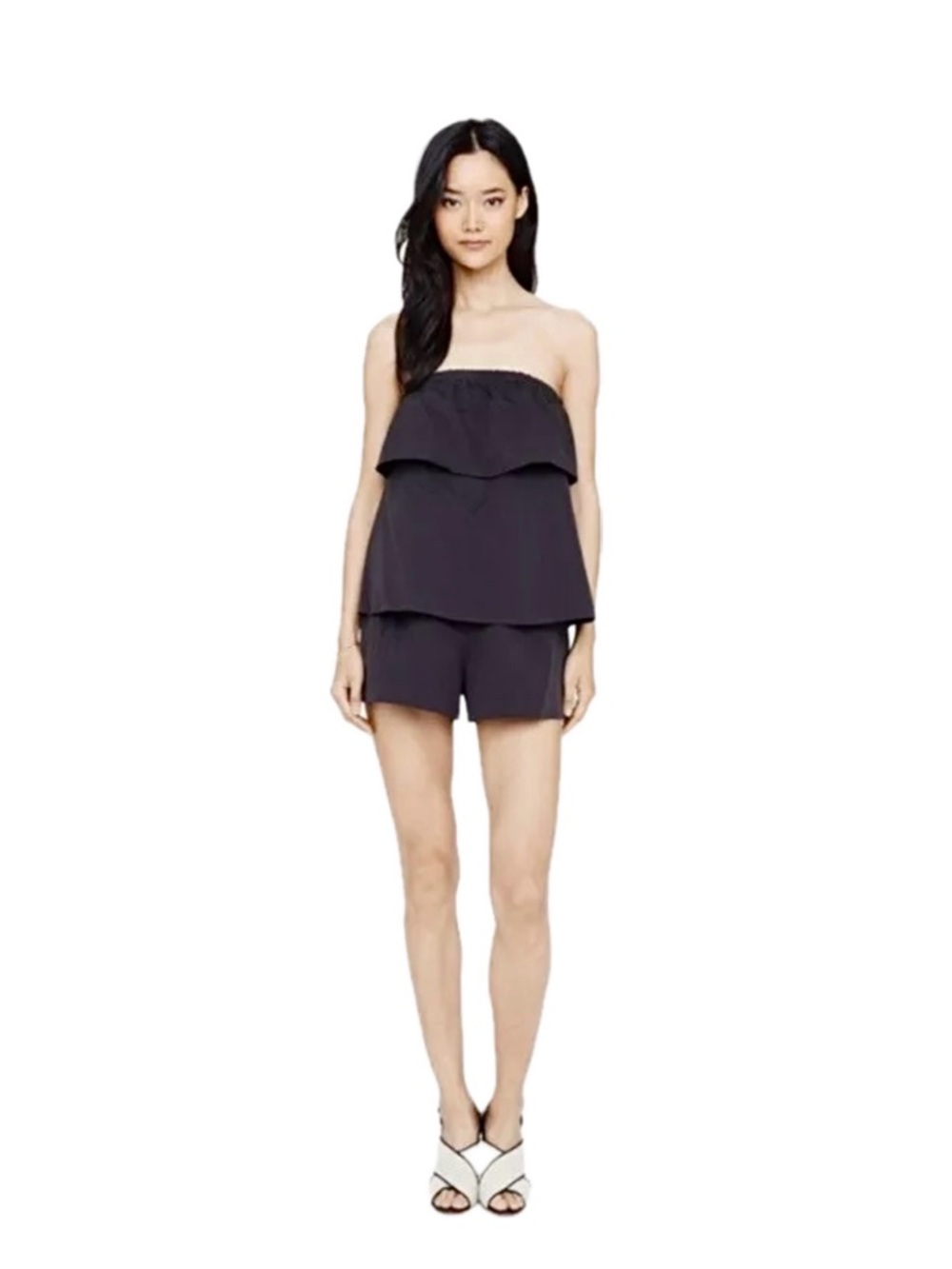 Club Monaco Leele Romper Jumpsuit Shorts Pockets Charcoal Gray Strapless 00
